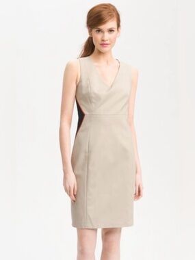 Ann Taylor Beige Sheath Color Block Midi Dress with Contrasting Side Panels